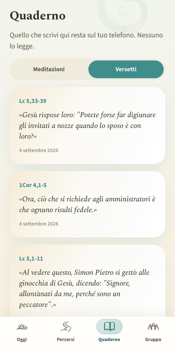 Schermata Quaderno, scheda Versetti: l'elenco dei passi evidenziati con data e riferimento