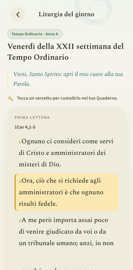 Schermata di lettura con un versetto evidenziato in giallo dopo averlo toccato